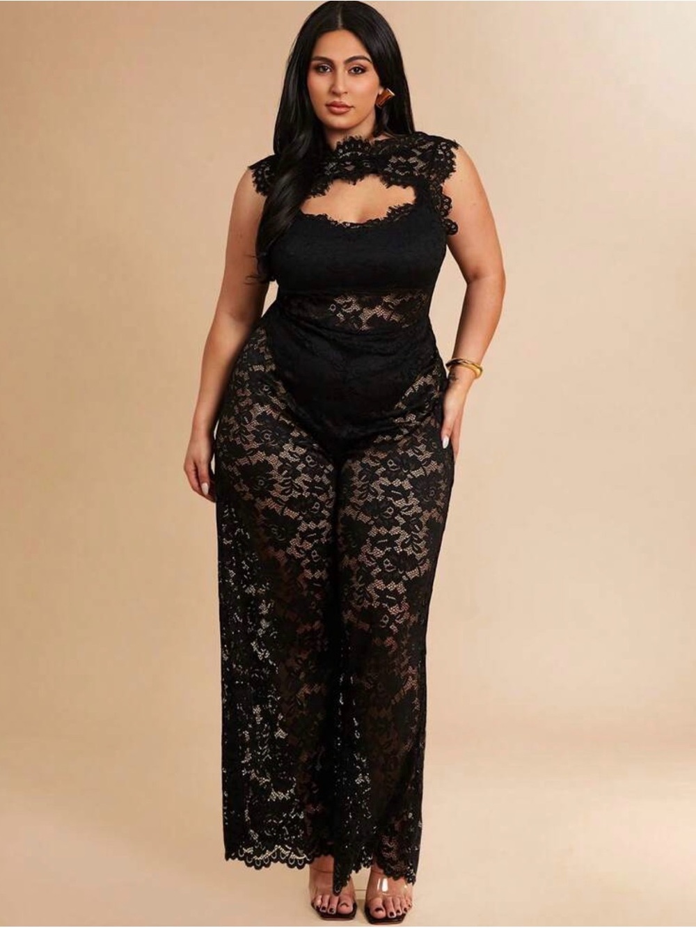 Black Lace Wide-Leg Jumpsuit - Women's